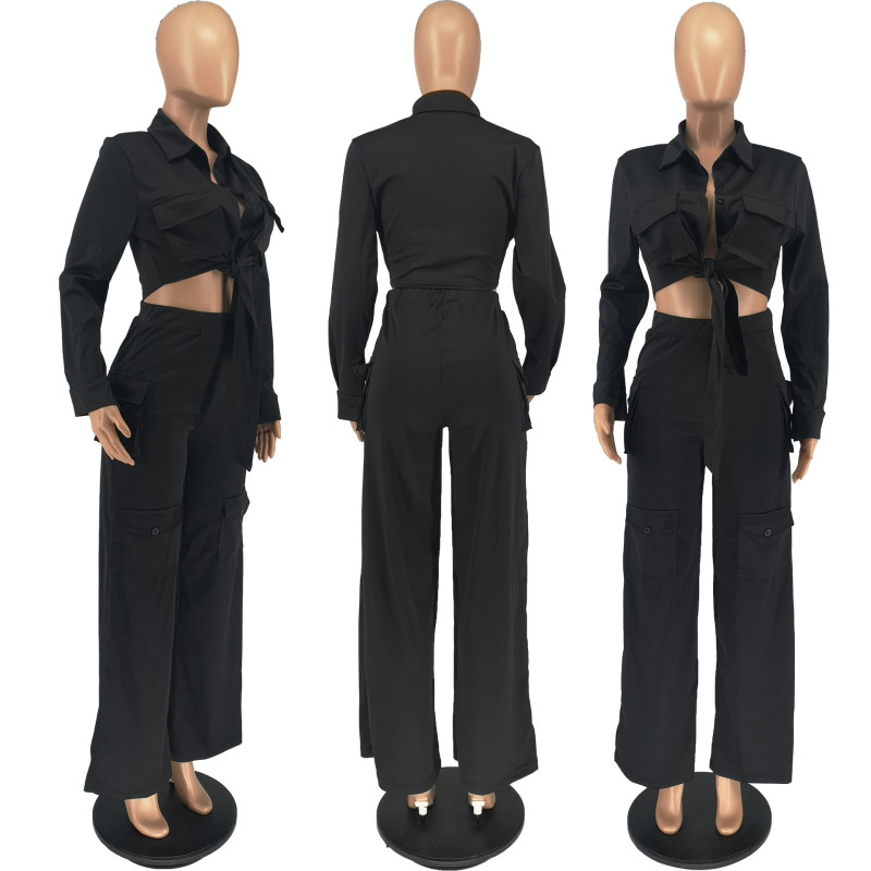 Long sleeved and long pants workwear style wide leg solid color two-piece set