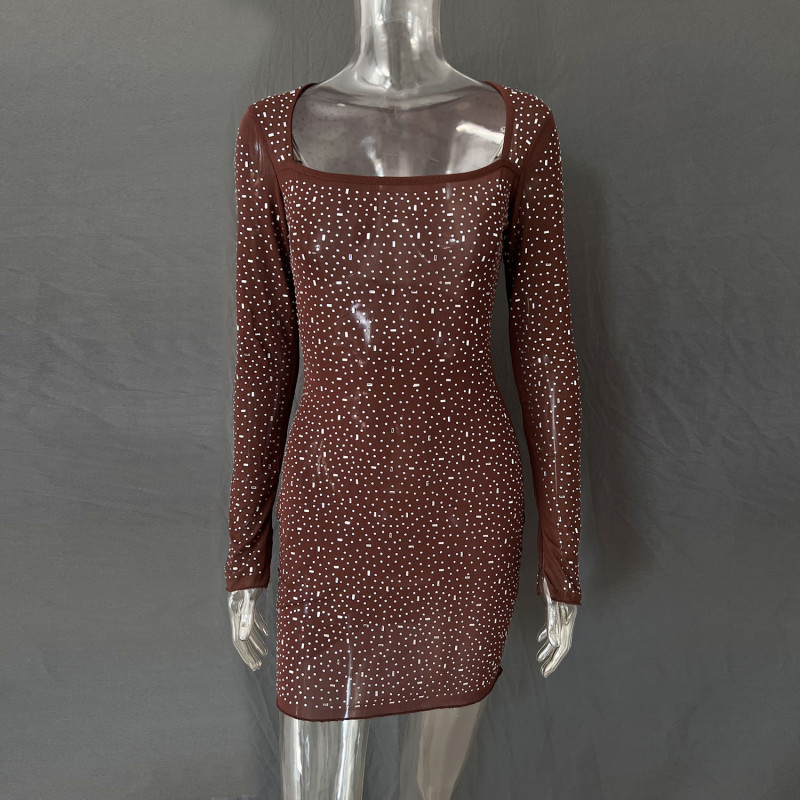 Women's sequin hot diamond semi transparent long sleeved short dress