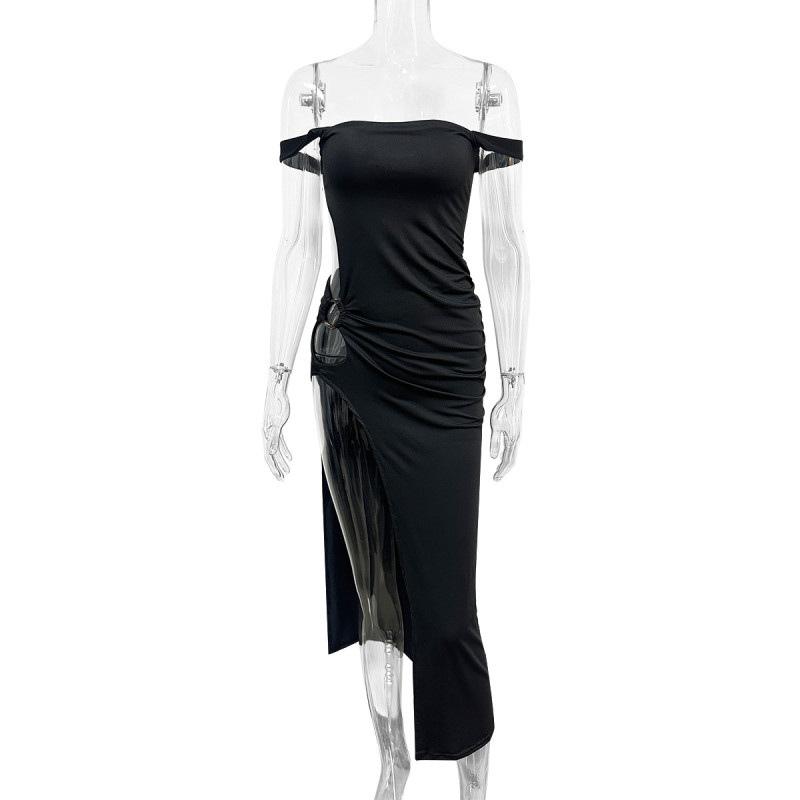 One line neckline suspender dress with hollowed out side slit irregular skirt