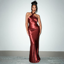 Lace up formal dress, fashionable temperament, hanging neck, backless, sexy slim fit dress