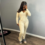 Hooded zippered long sleeved solid color slimming casual pants two-piece set