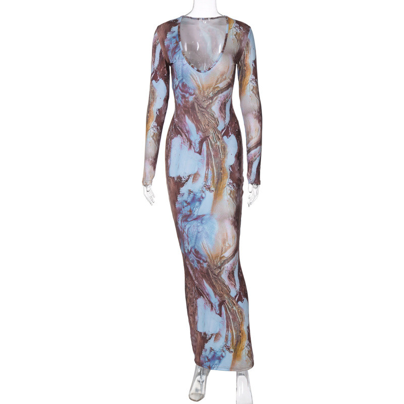 Multi color printed sexy V-neck, waist cinching, slimming and elongated dress