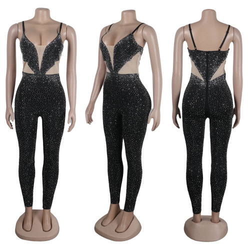 Slim fit hot diamond elastic suspender with buttocks and tight fitting jumpsuit
