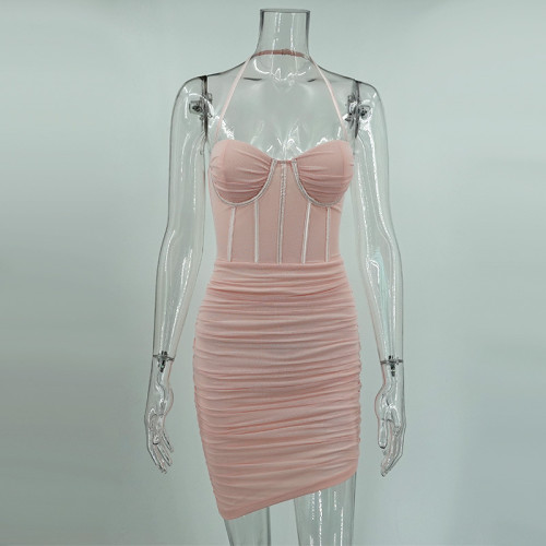 Folded mesh fishbone irregular hanging neck fashion dress