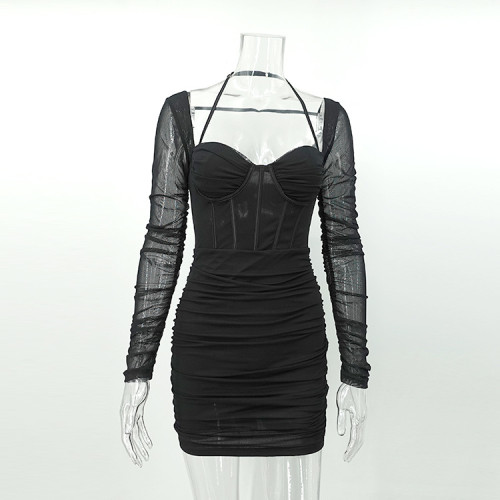 Mesh fishbone pleated long sleeved neck hanging short dress
