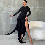 Round neck long sleeved fashionable and sexy revealing leg strap dress
