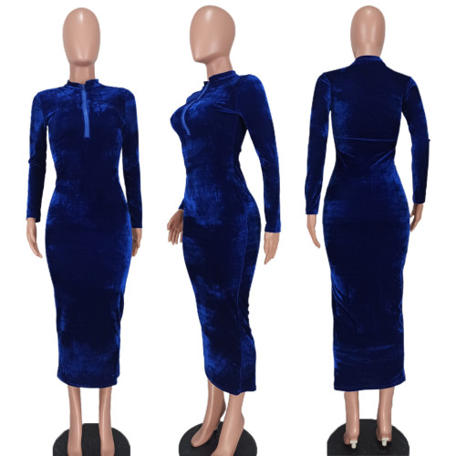Slim fit glossy velvet solid color dress
