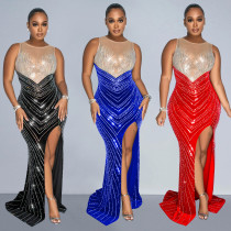 Women's solid color round neck sleeveless hot diamond long dress dress