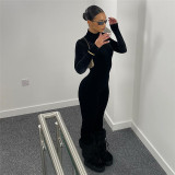 Sexy high necked tight fitting long sleeved velvet high waisted solid color jumpsuit