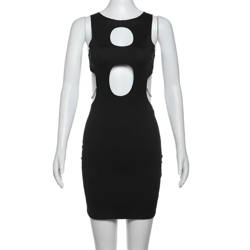 Women's sexy hollowed out fashionable rhinestone with exposed navel, slim fit, buttocks wrapped rhinestone dress