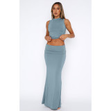 Solid color round neck sleeveless top with a flip waist skirt set