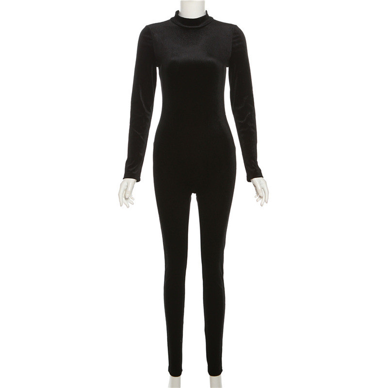 Sexy high necked tight fitting long sleeved velvet high waisted solid color jumpsuit