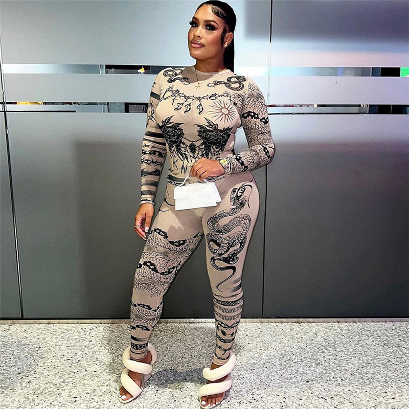 Mesh perspective printed tight fitting long sleeved top, high waisted long pants set