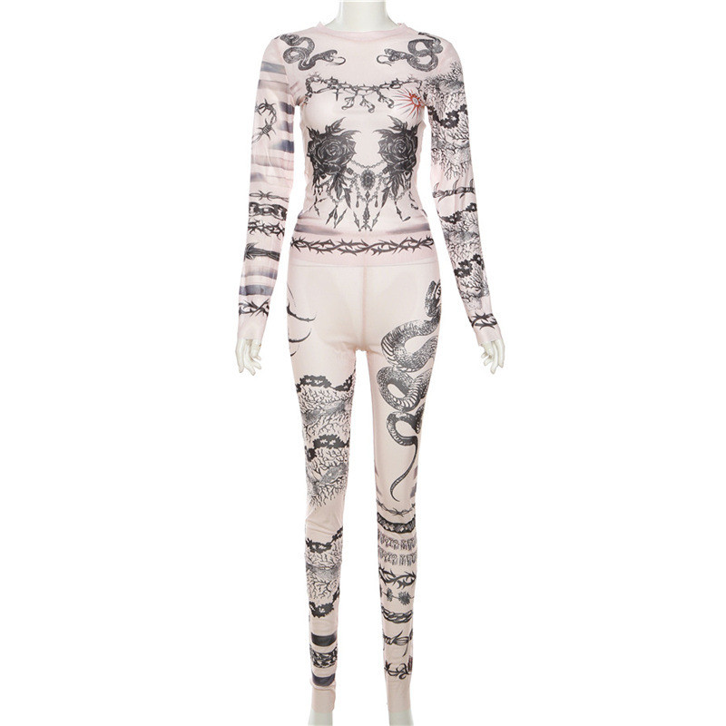 Mesh perspective printed tight fitting long sleeved top, high waisted long pants set