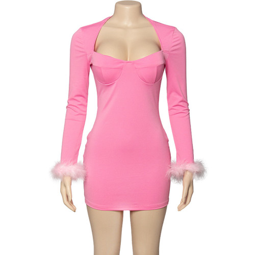 Solid color low cut long sleeved feather patchwork buttocks short dress