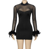 Long sleeved sexy mesh patchwork feather wrapped buttocks short slim fit dress