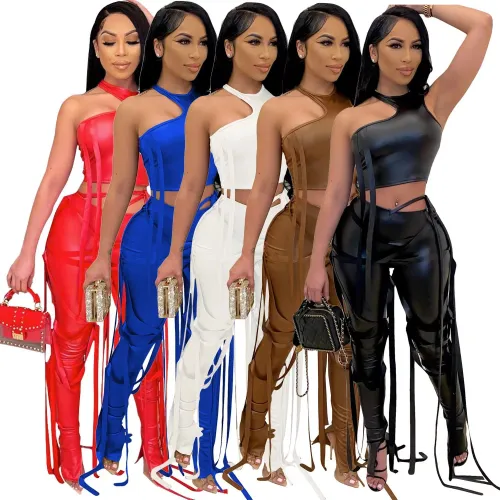 Women's sexy two-piece vest strap set faux leather pants