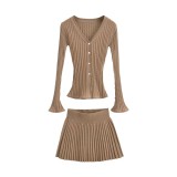 V-neck single breasted flared sleeve knitted cardigan+high waisted knitted pleated skirt half skirt set
