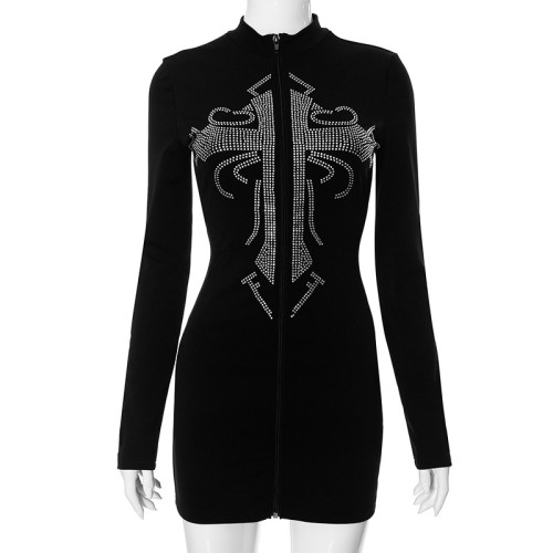 Standing collar zippered cardigan fashionable hot diamond casual dress short skirt