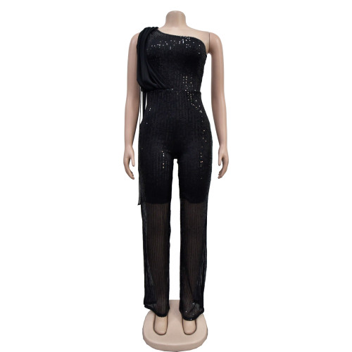 Women's solid color sleeveless single shoulder glitter jumpsuit