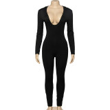 Solid color long sleeved hooded backless sexy slim fit women's jumpsuit
