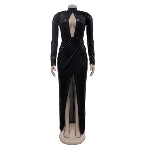 Women's solid color gilded long sleeved pleated dress