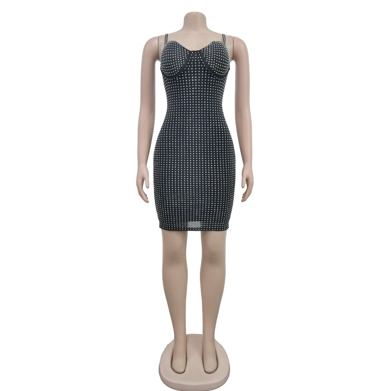 Women's solid color mesh hot diamond strap short skirt dress