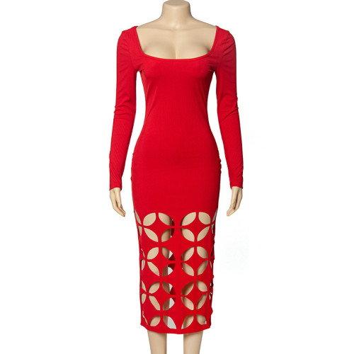 Solid color round neck long sleeved sexy hollow out wrap buttocks high waisted dress