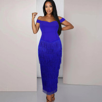 One shoulder open back high waisted tassel women's dress