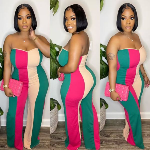 Digital positioning printed sexy strapless wide leg jumpsuit