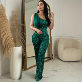 Women's solid color sleeveless single shoulder glitter jumpsuit