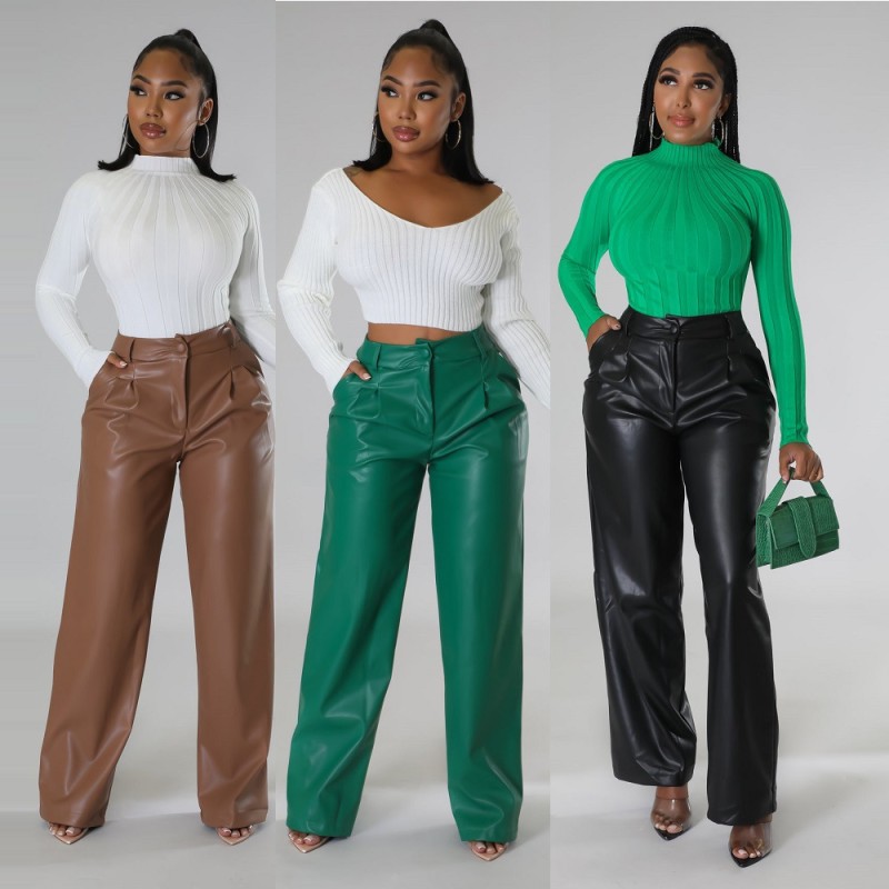 PU women's loose wide leg pocket casual leather pants