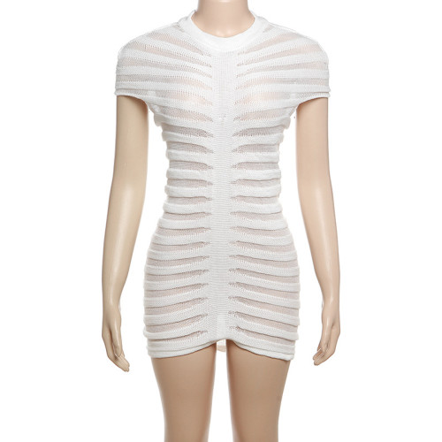 Sexy short sleeved knitted round neck high waisted slim fit short dress