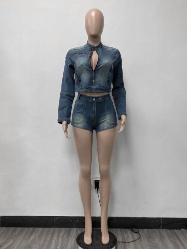 Elastic denim two-piece set