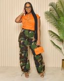 Women's camouflage multi pocket zippered loose workwear leggings