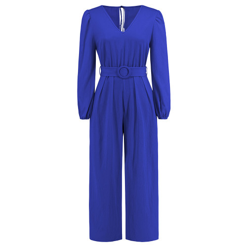 Solid V-neck, long sleeves, slim fit, straight leg pants, jumpsuit waist