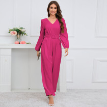 Solid V-neck, long sleeves, slim fit, straight leg pants, jumpsuit waist