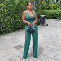 Hanging neck, backless, high waisted, pocket inserted casual jumpsuit, women's pants