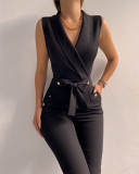 Twist button V-neck sleeveless slim fit jumpsuit