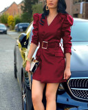 Women's temperament PU leather V-neck bubble sleeve slim fit cross-border dress with belt