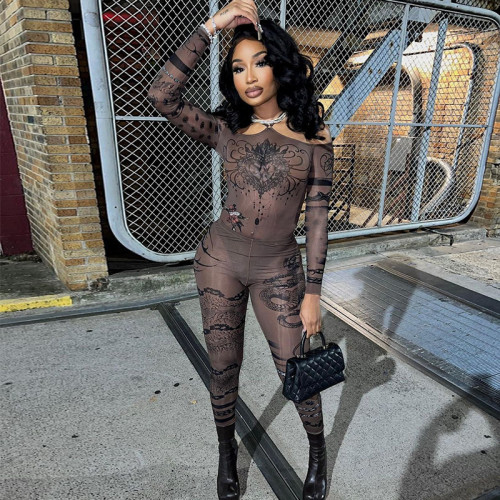 One shoulder mesh printed jumpsuit with high waisted pants set