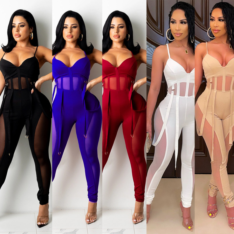 Mesh perspective sexy camisole jumpsuit pants OS6161