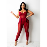 Mesh perspective sexy camisole jumpsuit pants OS6161