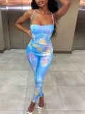 Women's sexy suspender backless printed jumpsuit