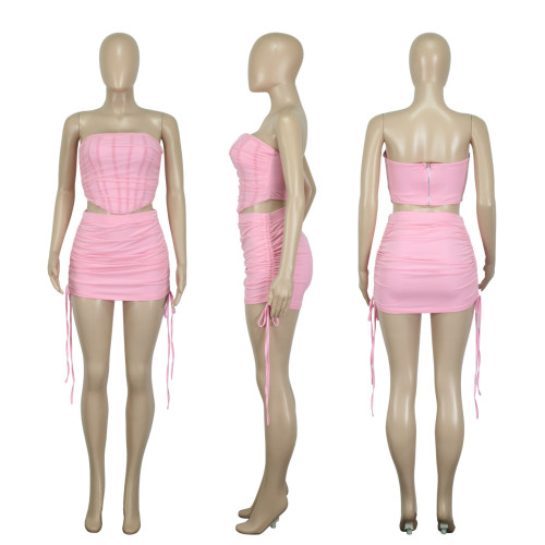 Bra and mesh double-layer patchwork pleated sexy two-piece set
