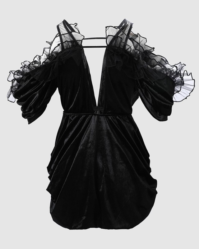 V-neck mesh lace long skirt with black pleated velvet short sleeved party dress