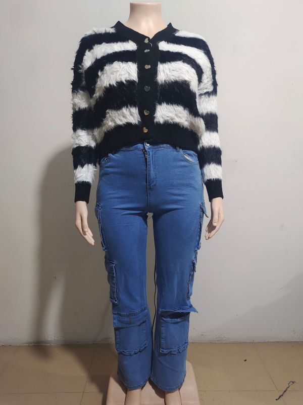 Black and white striped single breasted cardigan sweater