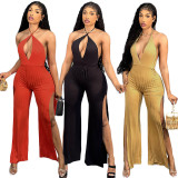 Fashionable women's jumpsuit with lace up pit leg pants and split legs