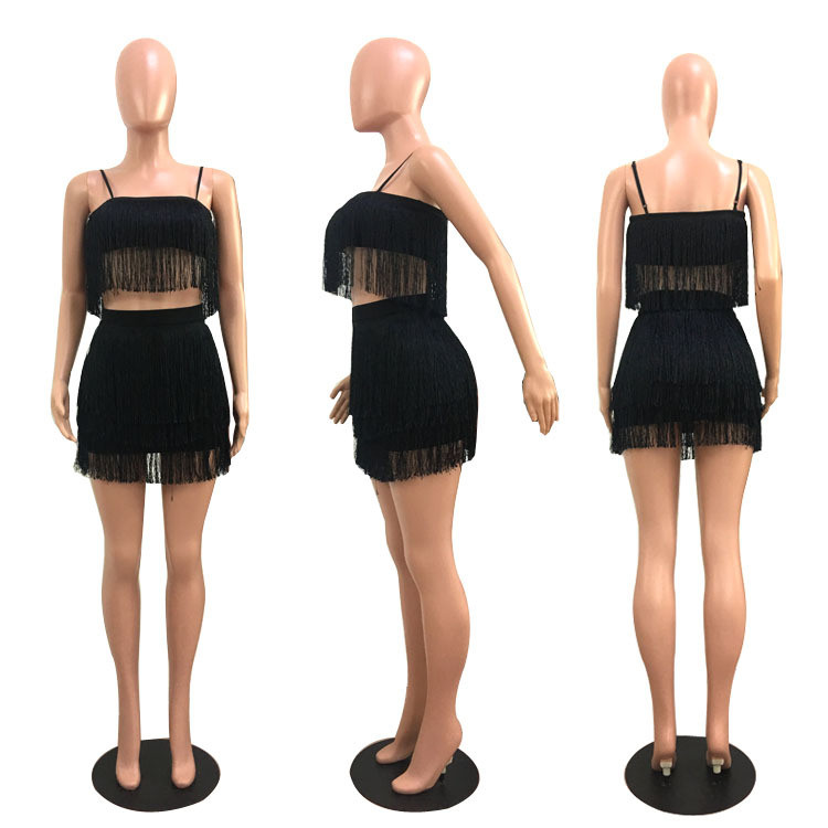 Sexy nightclub suspender wrap hip skirt tassel set short skirt