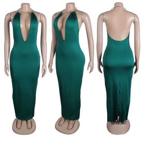 Deep V-neck large open back elastic wrap buttocks slit dress